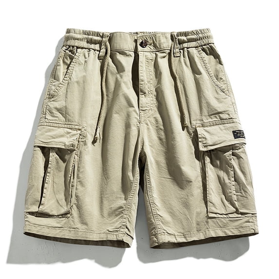 RKSTN Mens Shorts Pure Cotton Cargo Shorts Solid Color Elastic Button Waist Loose Fit Summer Outdoor Casual Shorts with Pockets
