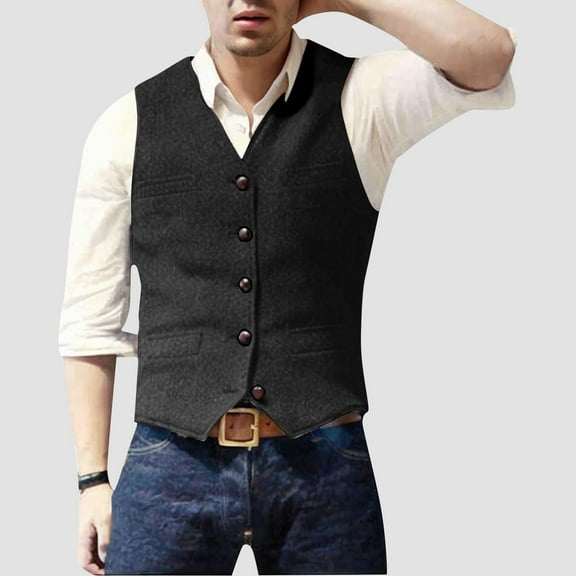 RKSTN Mens Suit Vest Casual Black Dress Vest Stylish Novel Solid Color V Neck Sleeveless Single Button Slim Fit Vintage Versatile Vest Tops