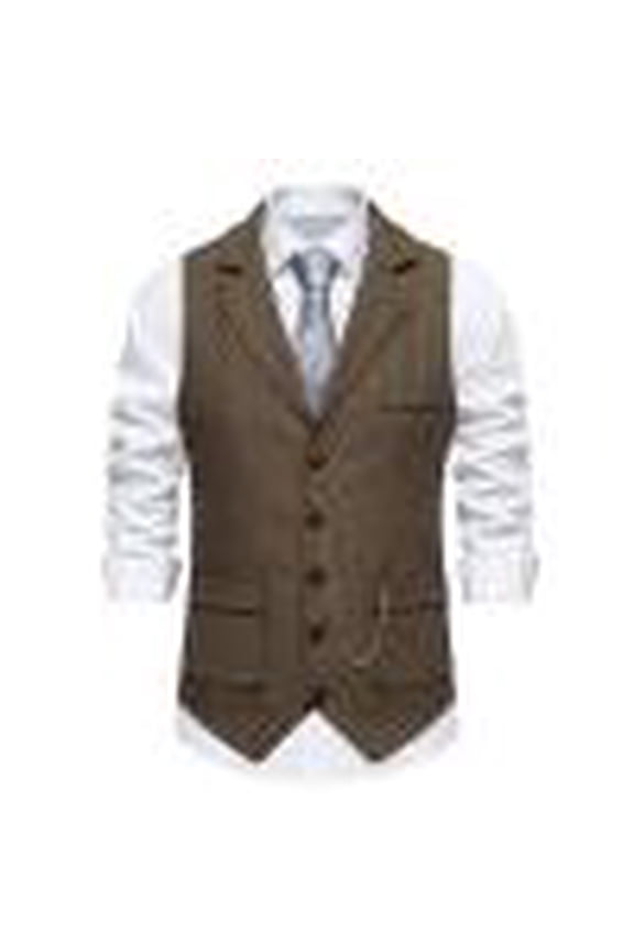 Mens Suit Vest Tweed Retro Herringbone Style Formal Dress Vest Stylish Solid Color V Neck Sleeveless Single Button Slim Fit Vintage Casual Versatile Waistcoat Wedding Vest with Pockets