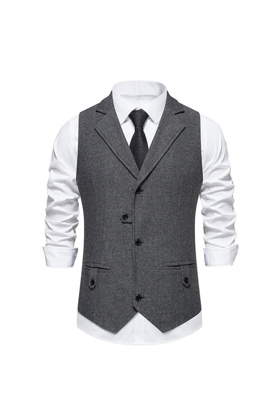 Mens Suit Vest Tweed Retro Herringbone Style Formal Dress Vest Stylish Solid Color V Neck Sleeveless Single Button Slim Fit Vintage Casual Versatile Waistcoat Wedding Vest with Pockets
