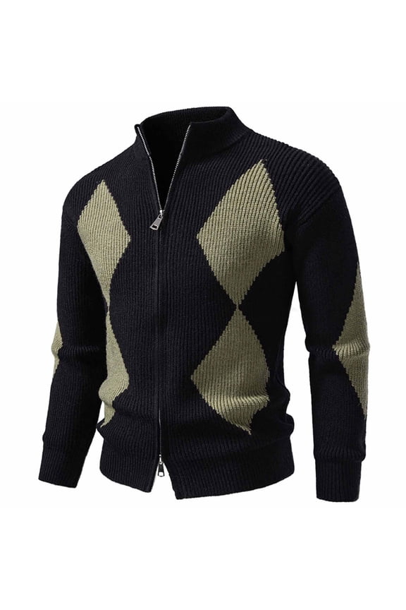 Mens Sweaters Cardigans Argyle Color Block Long Sleeve Stand Collar Chunky Cozy Comfy Versatile Textured Knit Zip up Jacket (Black ,L)
