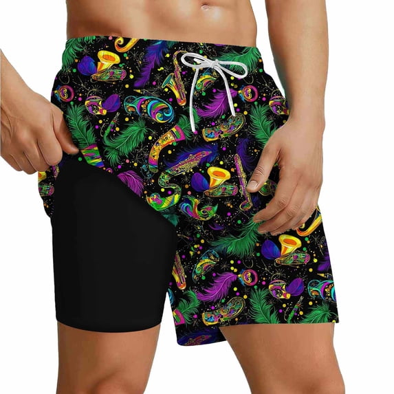 RKSTN Mens Swim Trunks with Compression Liner Swimming Trunks Carnival Print Trendy Elastic Drawstring Waist Quickly Dry Bathing Suit Pockets Swim Shorts
