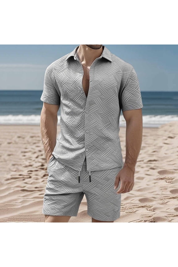 Mens Track Suits 2 Piece Set Embossed Texture Workout Suits Sets Solid Color Button Up Collared Short Sleeve Shirt Top Elastic Waist Beach Vacation Shorts with Pockets Summer Matching Sets