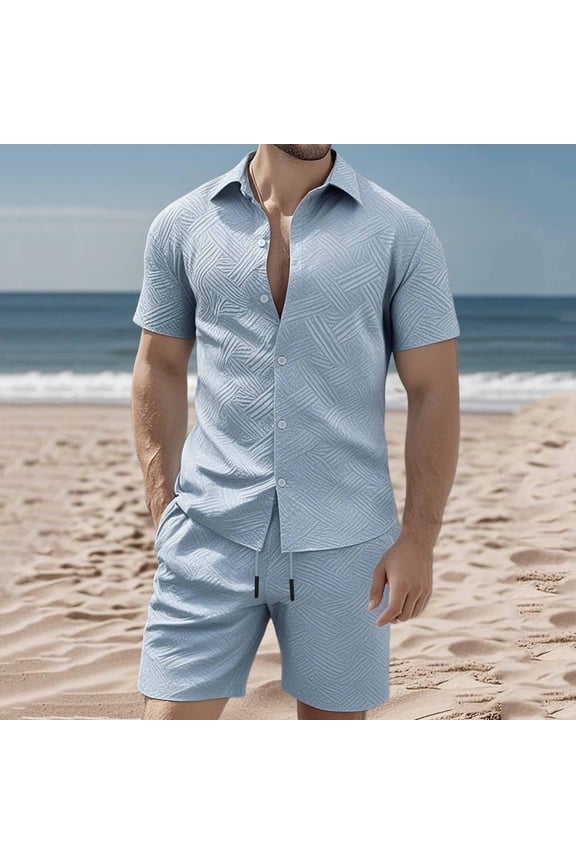 Mens Track Suits 2 Piece Set Embossed Texture Workout Suits Sets Solid Color Button Up Collared Short Sleeve Shirt Top Elastic Waist Beach Vacation Shorts with Pockets Summer Matching Sets