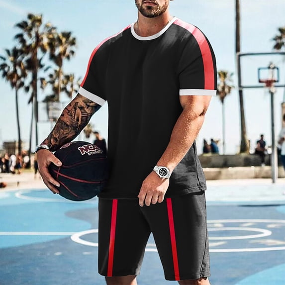 RKSTN Mens Track Suits 2 Piece Set Short Sleeve Crew Neck Color Block Basketball T Shirt Lightweight Elastic Waist Shorts with Pockets Casual Outing Outfit
