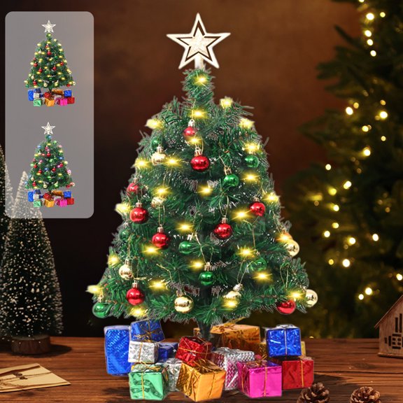 RKSTN Mini Christmas Trees 17.7" with LED Warm Lights, 1.5 ft Decorated Artificial Tabletop Christmas Trees Home Party Decoration for Kitchen Dining Room Window