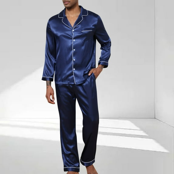 RKSTN Pajamas Set For Men Soft Long Sleeve Pajamas Sets Solid Color Lapel Collar Button Up Sleepwear Summer Fall Lightweight 2 Piece Comfy Sleepwear