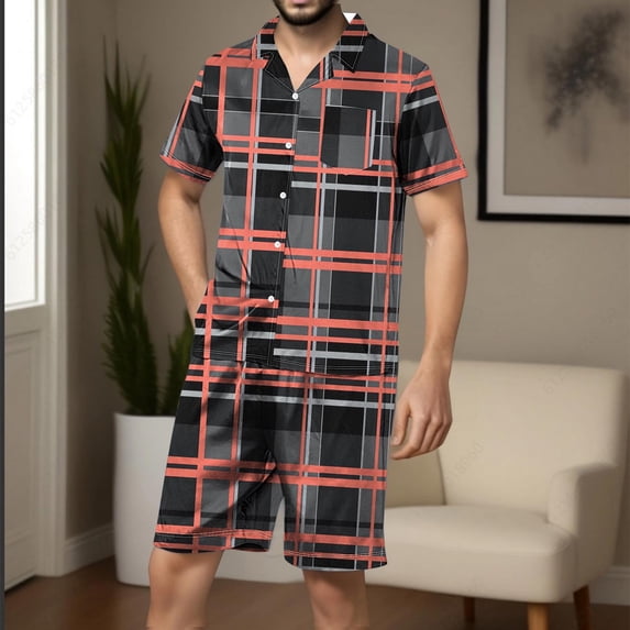 RKSTN Pajamas Set For Men Soft Short Sleeve Like Silk Pajamas Sets Plaid Print Button Down Lapel Collar And Shorts Sleepwear Summer Lightweight 2 Piece Comfy Sleepwear With Pockets
