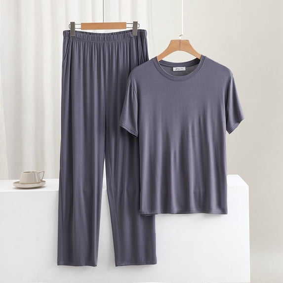 RKSTN Pajamas Set For Men Summer Solid Color Lounge Crew Neck Short Sleeve And Pants Pajamas Sets Comfortable 2 Piece Comfy Fall Fashionable Loungewear With Pockets