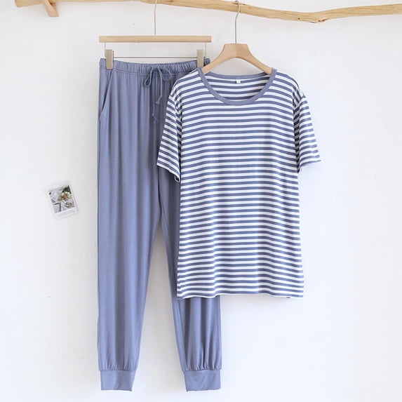 RKSTN Pajamas Set For Men Summer Striped Lounge Crew Neck Short Sleeve And Pants Silk Pajamas Sets Comfortable 2 Piece Comfy Fall Fashionable Loungewear