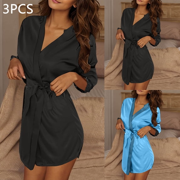 RKSTN Pajamas For Women Soft Tie-Front Silk Cardigan Solid Color Minimalist Long Sleeve Lightweight Long Length Three-piece Sleepwear Fall Winter Lounge Nightwear