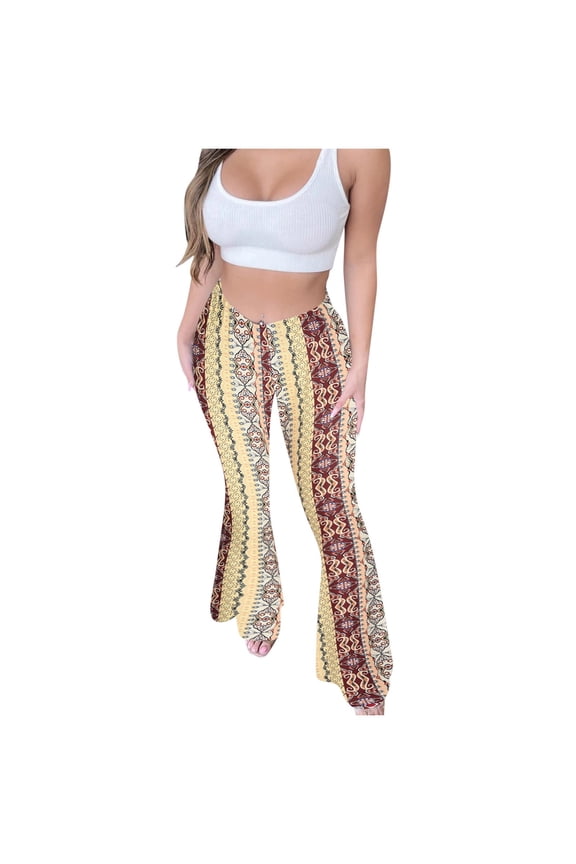 Pants for Women Bell Bottom Yoga Pants Plus Size Retro Print Slimming Trendy Bodycon Slightly Flared Summer Pants