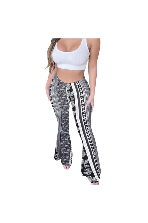Pants for Women Bell Bottom Yoga Pants Plus Size Retro Print Slimming Trendy Bodycon Slightly Flared Summer Pants