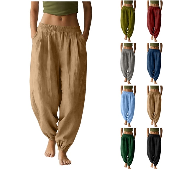 RKSTN Pants for Women Cotton Linen Pants Pleated Retro Inspired Trendy Solid Color Stretch Waistband Cuffed Casual Pants with Pockets