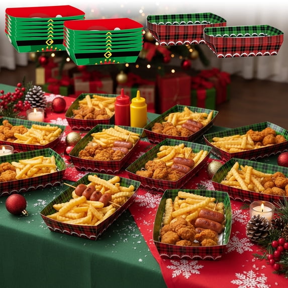 RKSTN Paper Food Trays Christmas Fried Chicken French Fry Boxes 12 Pieces with Hot Dog Disposable Tableware for Christmasthemed Party Decoration A