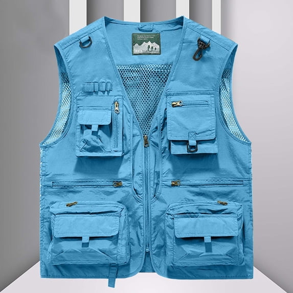 RKSTN Photography Vest for Men Zip up Hiking Jacket Sleeveless Quick Dry Plus Size V Neck Breathable Mesh Lining Work Vest with Multi Pockets (Blue ,XXL)