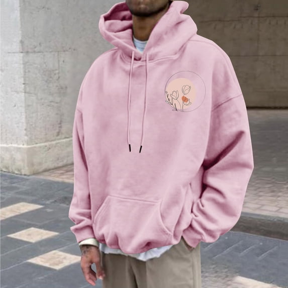 RKSTN Pink Athletic Hoodies for Men Graphic Simple Floral Print Trendy Relaxed Fit Casual Pullover Long Sleeve Shirts for Men with Front Pocket
