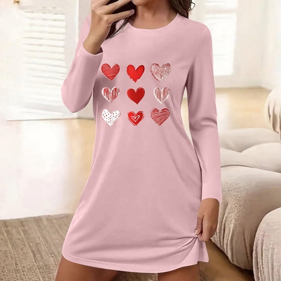 RKSTN Pink Nightgowns for Women Valentine's Day Heart Print Long Sleeve Crew Neck Color Block Soft Relaxed Spring Sleepwear Nightdress