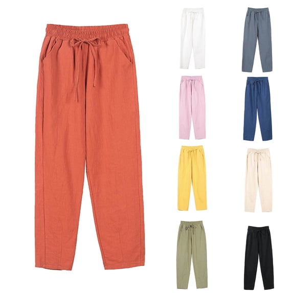 RKSTN Pink Pants for Women Cotton Linen Pants Solid Color Elastic Drawstring Waistband Casual Pants Lightweight Breathable Summer Lounge Pants with Pockets