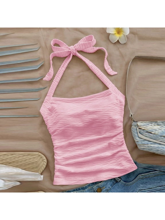 Pink Tank Tops for Women Pleated Texture Sleeveless Solid Color Halter Neck Tie Front Slimming Strappy Crop Top Spring Summer Outdoor Versatile Style