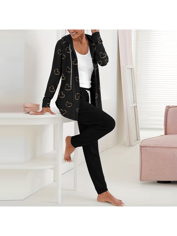 Plus Size 2 Piece Sets for Women Sweatsuits Women Track Suits Heart Print Full Zip Hoodies Fall Cardigan Athleisure Sets Women (Black ,XXXL)