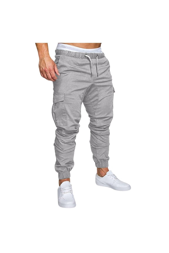 Plus Size Joggers for Men Cargo Gym Pants Men Solid Color Drawstring Waist Lightweight Cuffed Slacks for Men with Multi Pockets (White ,XXXL)