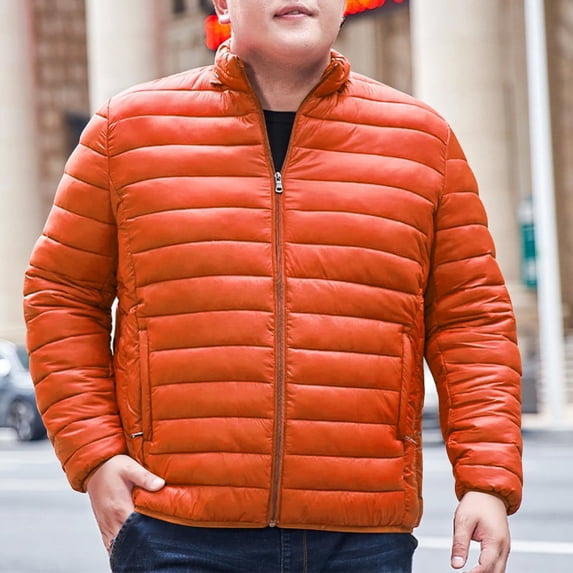 RKSTN Quilted Puffer Jacket Men Plus Size Long Sleeve Full Zip Stand up Collar Classic Fit Casual Winter Coats for Men with Pockets (Orange ,XXXXL)