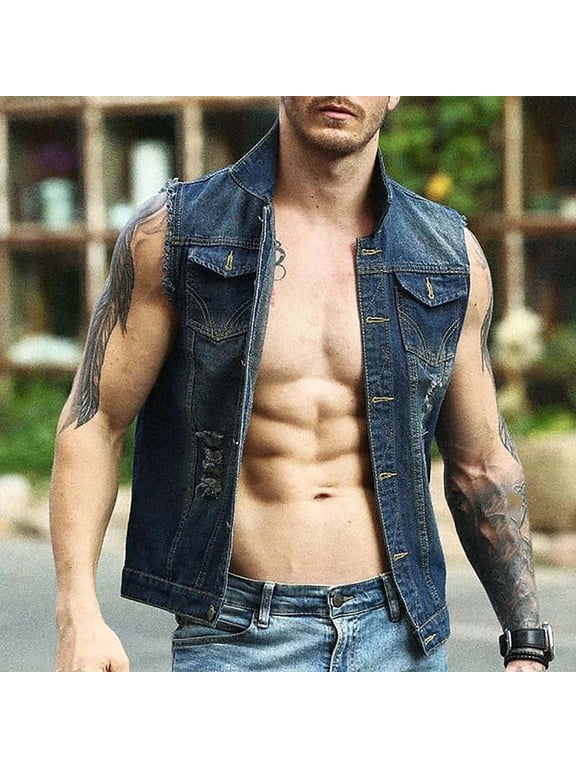 Ripped Edges Jean Vest for Men Sleeveless Mens Denim Jacket Solid Color Lapel Collar Button up Vintage Casual Light Jackets for Men with Pockets (Dark Blue ,XS)