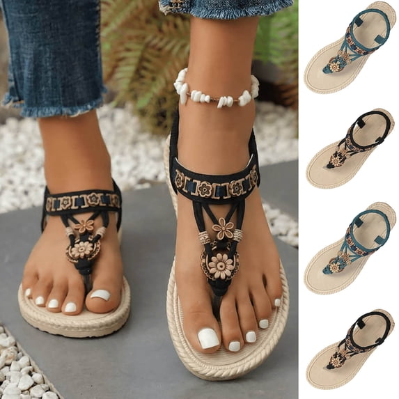 RKSTN Sandals Women Bohemian Style Ornaments Flat Sandals T Strap Thongs Open Toe Summer Beach Sandals