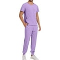 thumbnail image 1 of RKSTN Scrubs for Men Doctor Scrubs Two Piece Set Solid Color V Neck Button Up Quickly Dry Short Sleeve Scrubs Top Elastic Drawstring Workwear Cuffed Pants with Pockets, 1 of 6