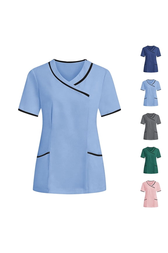 Scrub Tops Women Color Block Caregiver Uniform V Neck Short Sleeve Tapered Waist Pullover Scrubs Top with Pockets Nurse Clinic Maid Caregiver Healthcare