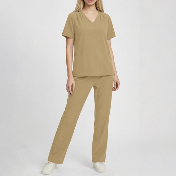 RKSTN Scrubs for Women Nurse Uniform Two Piece Set Solid Color V Neck Short Sleeve Fitted Waist Pocketed Scrubs Top Elastic Straight Leg Pants with Pockets Healthcare Workwear Suit Scrubs