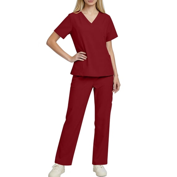 RKSTN Scrubs for Women Nurse Uniform Two Piece Set Solid Color V Neck Short Sleeve Fitted Waist Pocketed Scrubs Top Elastic Straight Leg Pants with Pockets Healthcare Workwear Suit Scrubs