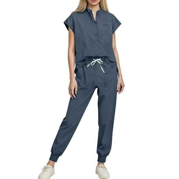 RKSTN Scrubs for Women Set Hospital Scrub 2 Piece Solid Color V Neck Short Sleeve Scrubs Top with Pockets Elasticated Drawstring Pocketed Cuffed Pants Doctor Nurse Comfort Workwear
