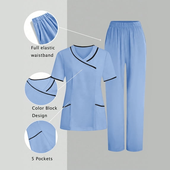 RKSTN Scrubs for Women Set Nurse Uniform Set Set Color Block V Neck Short Sleeve Pocketed Scrubs Top Elastic Straight Leg Pants with Pockets Healthcare Attendant Uniform 2 Piece Set