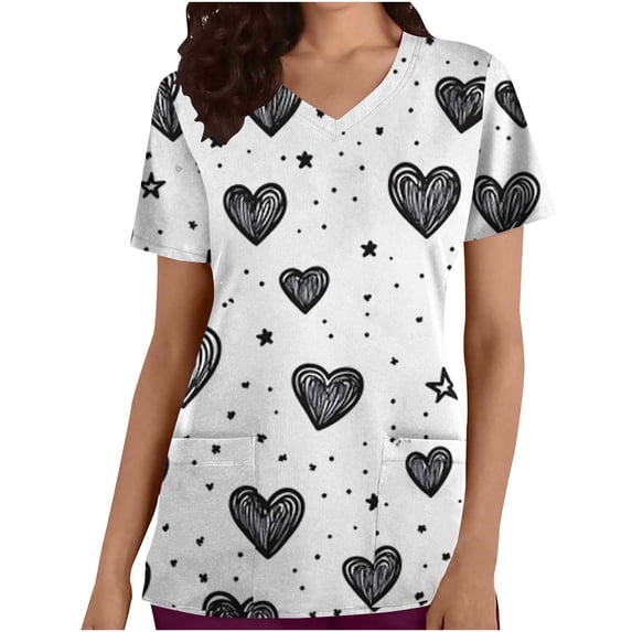 RKSTN Scrubs for Women Valentine's Day Heart Print Plus Size Trendy Spring Summer V Neck Color Block Short Sleeve Caregiver Nursing Work Top with Pockets