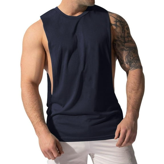 RKSTN Shirts for Men Side Slit Wide Shoulder Cut Off Design Sleeveless Bodybuilding Gym Tank Tops Crew Neck Solid Color Athletic Training Comfortable Pullover Tops