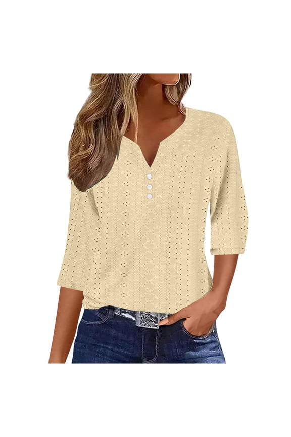 Shirts for Women 3/4 Length Sleeve Womens Tops Jacquard Eyelet Knit V Neck Tunic Tops for Women Soft Stretchy Womens Blouses Summer Fall Styles (Yellow ,XXL)