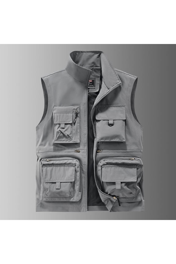 Sleeveless Zip up Jackets for Men Cargo Quick Dry Sports Jackets for Men Plus Size Stand up Collar Breathable Mesh Lining Outdoor Hiking Jacket with Multi Pockets (Gray ,XXXL)