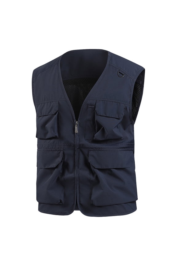 Sleeveless Zip up Jackets for Men Cargo Sports Jackets for Men Plus Size V Neck Breathable Mesh Lining Work Vest for Men with Multi Pockets (Navy ,L)
