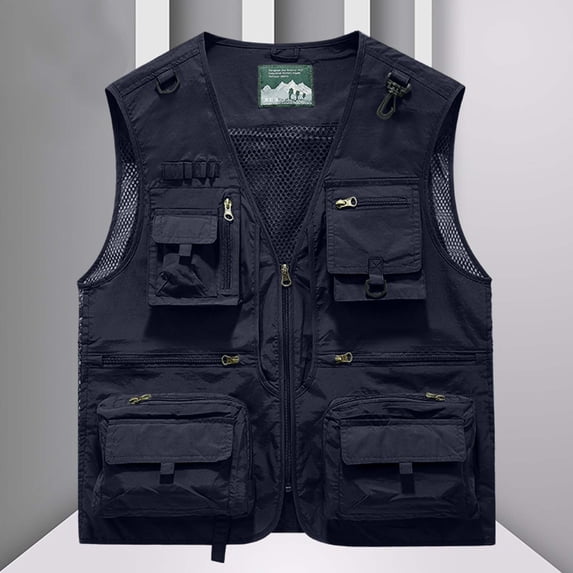RKSTN Sleeveless Zip up Jackets for Men Quick Dry Outdoor Sports Jackets for Men Plus Size V Neck Breathable Mesh Lining Journalist Workwear Vest with Multi Pockets (Dark Blue ,L)