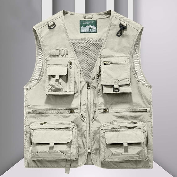 RKSTN Sleeveless Zip up Jackets for Men Quick Dry Outdoor Sports Jackets for Men Plus Size V Neck Breathable Mesh Lining Journalist Workwear Vest with Multi Pockets (White ,S)