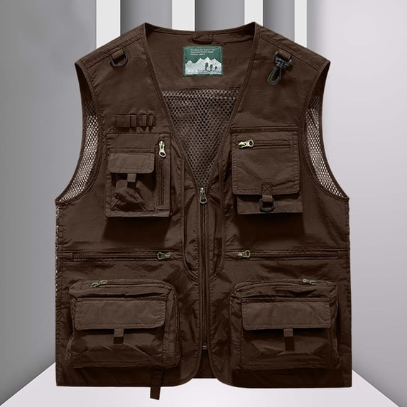 RKSTN Sleeveless Zip up Jackets for Men Quick Dry Outdoor Sports Jackets for Men Plus Size V Neck Breathable Mesh Lining Journalist Workwear Vest with Multi Pockets (Coffee ,S)