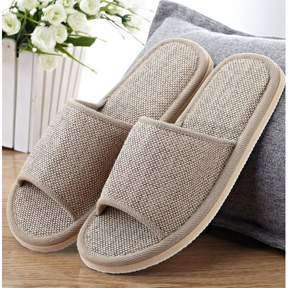 RKSTN Slippers for Women Flax Slides for Men Couple Home Slippers Casual Indoor Open Toes Comfort Sole Slides for Men (Beige ,7.5)