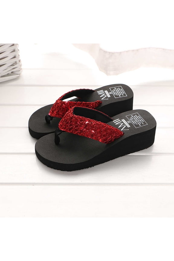 Slippers for Women Sequins Thong Sandals for Women Platform Plus Size Open Toes Lightweight Slip on Wedge Flip Flops (Red ,7.5)