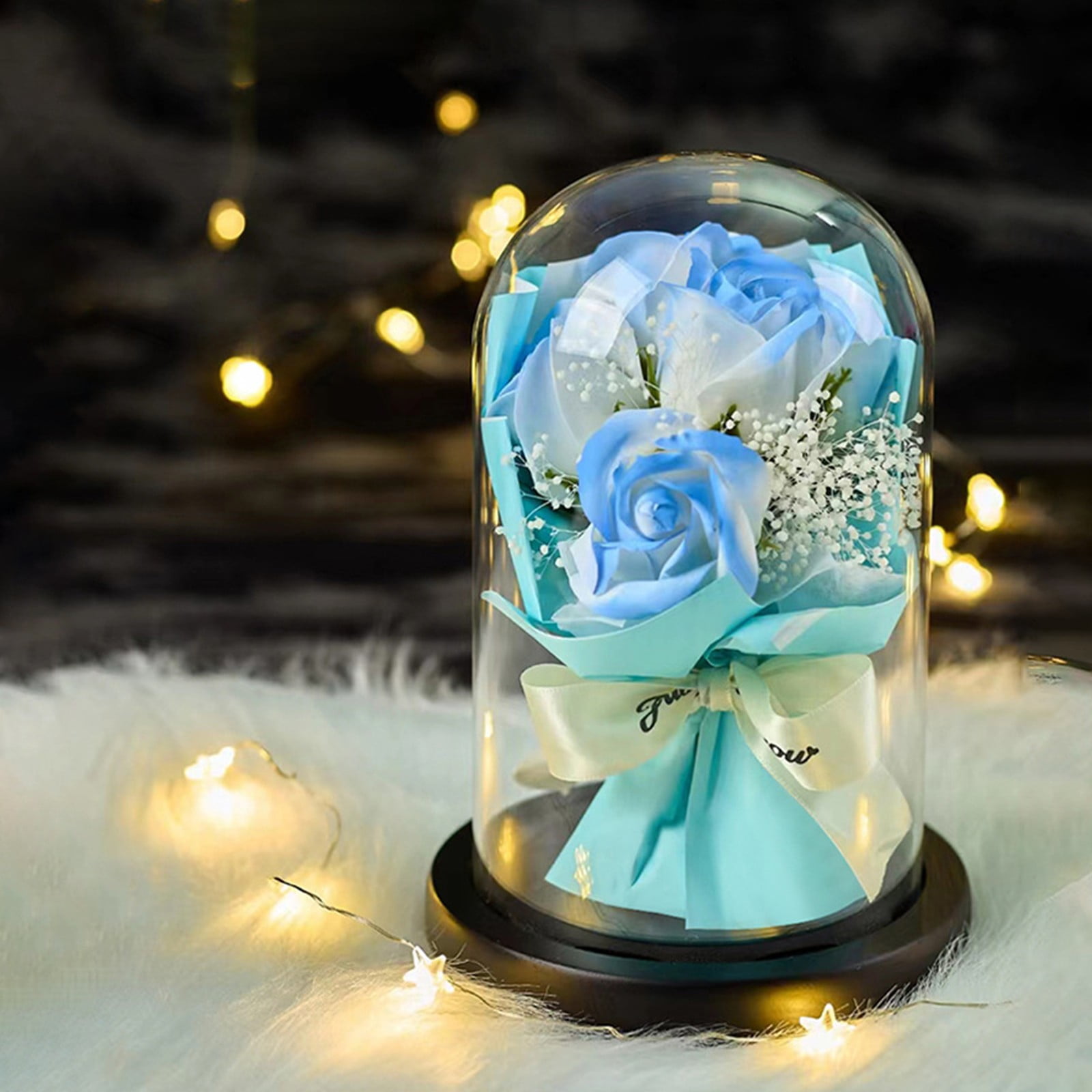 RKSTN Soap Flower Dried Flower Bouquet Rose Glass Dome Eternal Flower Gift Blue