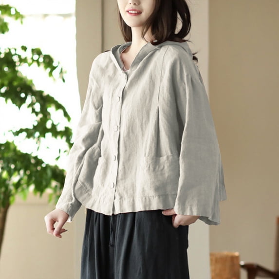 RKSTN Spring Jackets for Women Cotton Linen UV Protection Hooded Light Jackets for Women Long Sleeve Buttons Women's Coats with Pockets (Beige ,XXL)