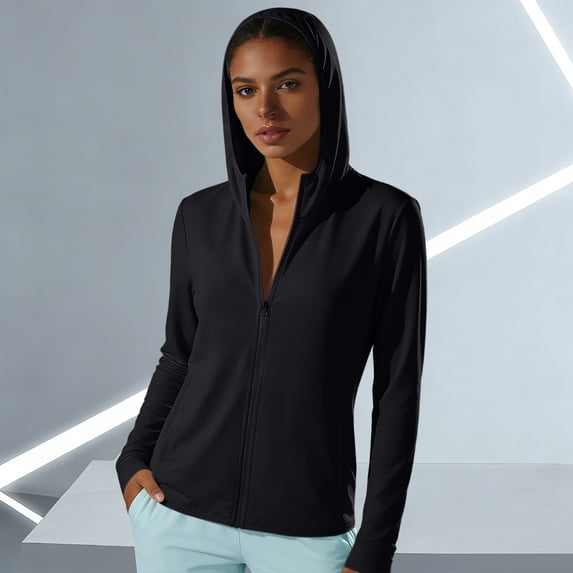 RKSTN Spring Jackets for Women Upf 50+ Hooded Light Jackets for Women Oversized Long Sleeve Zipper Women's Coats with Pockets (Black ,L)