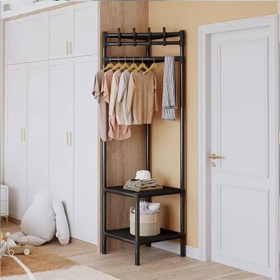RKSTN Storage Shelves Coat Rack Freestanding Closet Organizer Hall Tree with 2 Storage Shelves Corner Storage Organizer for Entryway Bedroom Storage Shelf