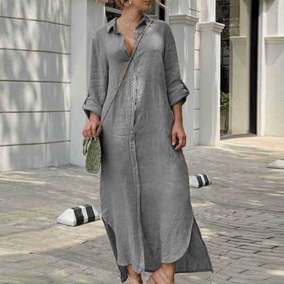 RKSTN Summer Dresses for Women Cotton Linen Womens Dresses Plus Size Lapel Collar Short Sleeve Buttons Maxi Breathable Beach Dress (Gray ,XXXXL)